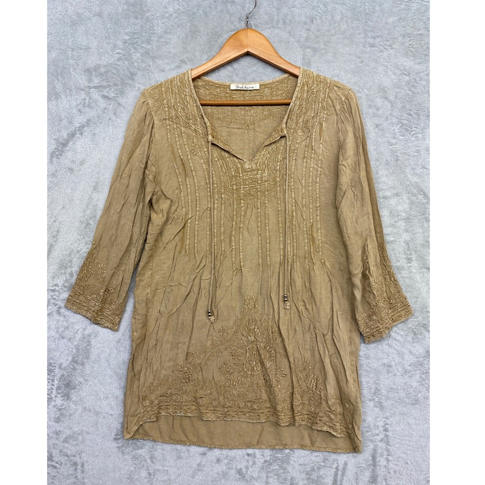 Solitaire Cottagecore Tunic Women Large Earthy Tan Embroidered Peasant Blouse